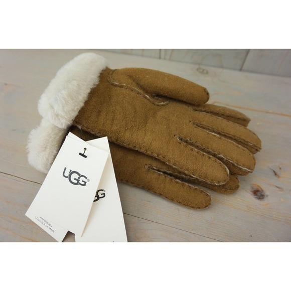 UGG CARTER SINGLE POINT CHESTNUT SUEDE SHEEPSKIN GLOVES WOMENS SMALL NWT - Picture 6 of 12